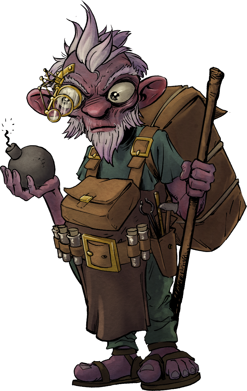 Gnome alchemist with bomb